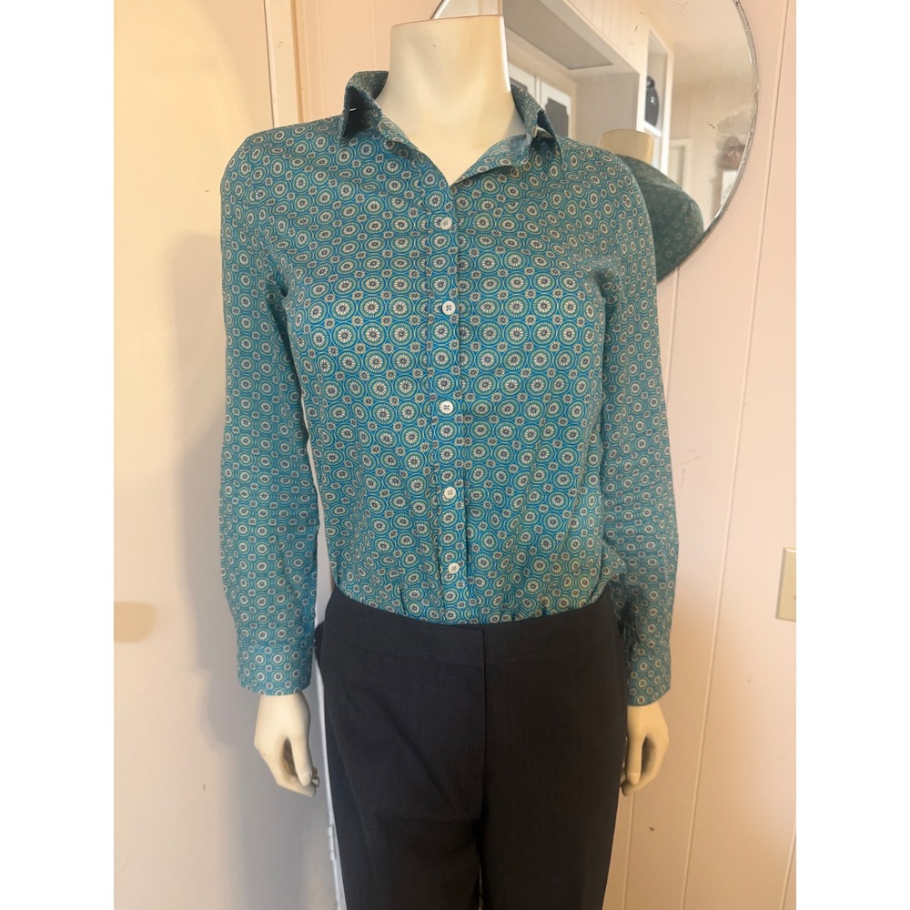 Cordings Great Britain 100% Cotton Blue/Green Patterned Tailored Blouse 8